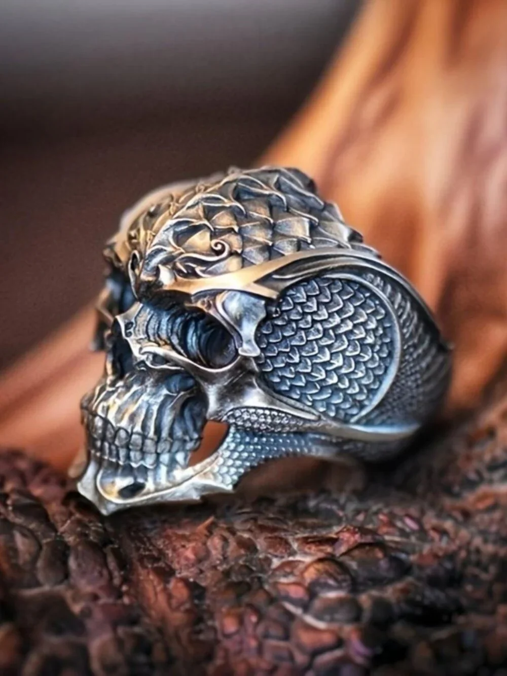 Mens dragon skull punk ring stainless steel gothic